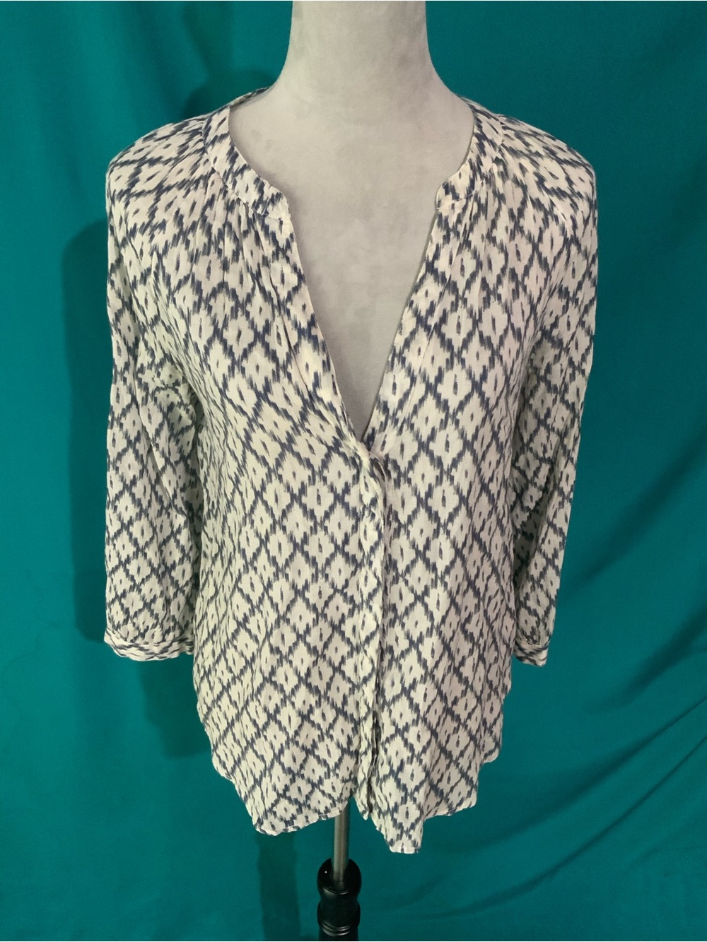 PAIGE White and Navy Diamond-Print V-Neck Blouse, 100% Cotton